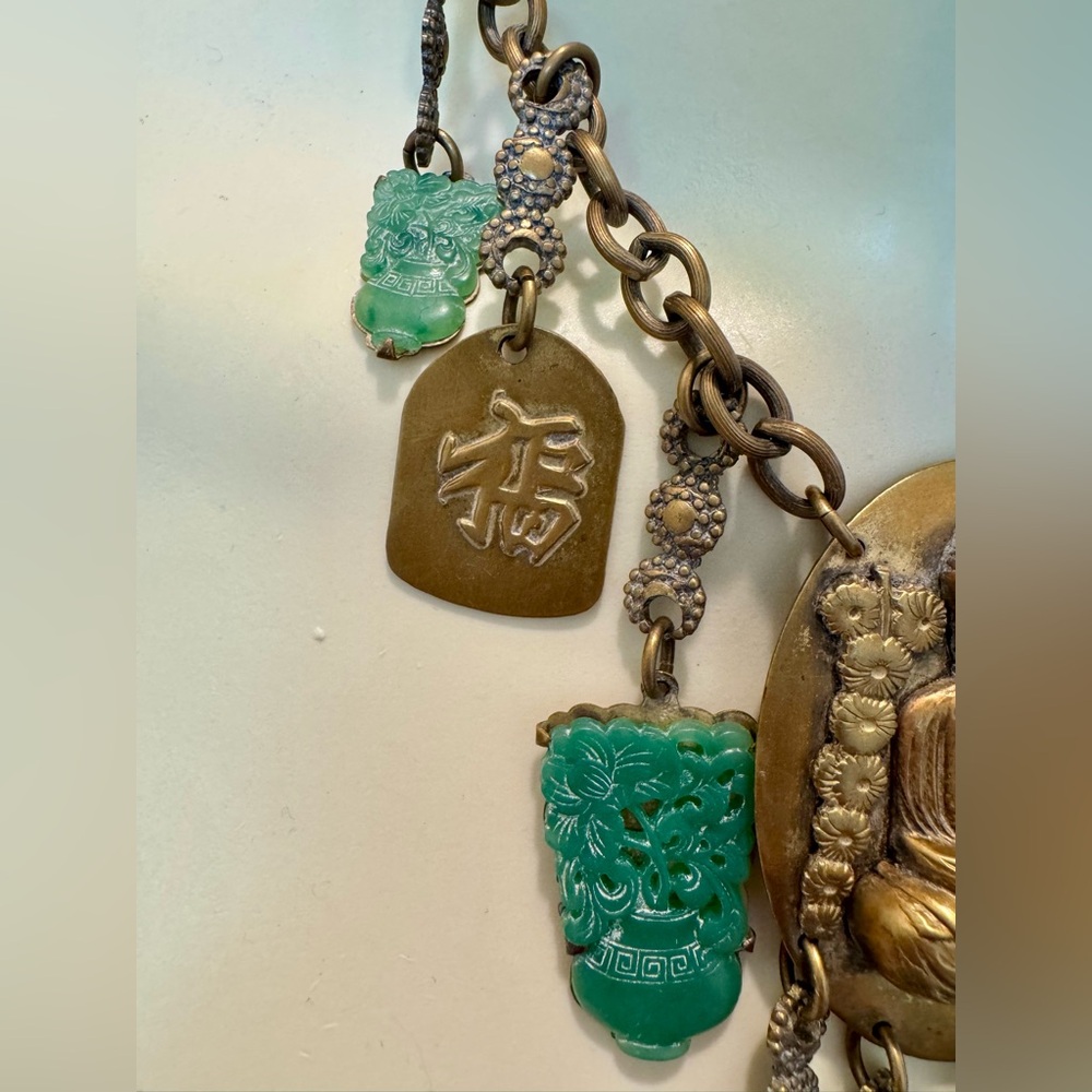 Antique 1930s Art Deco revival asian brass Buddha multi~charm faux jade festoon - Picture 12 of 13